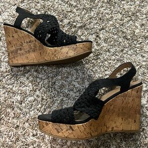 SO Black and Tan Woven Wedge Taffy Sandals